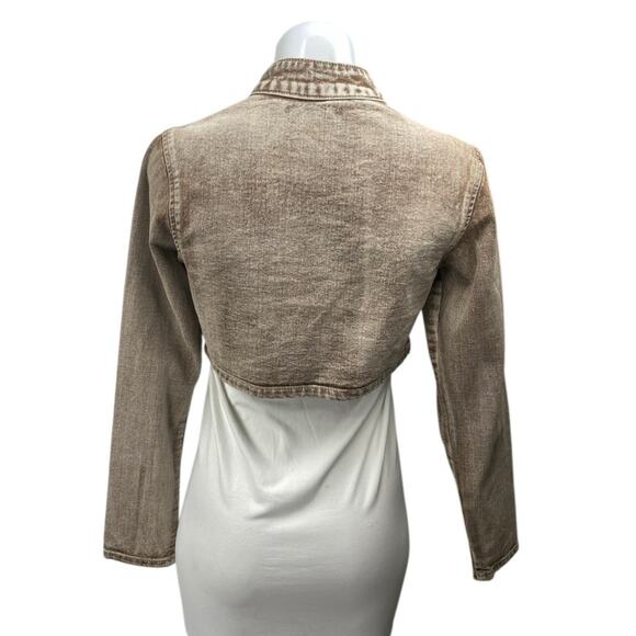 Simmi Women's Beige Washed Long Sleeve Cropped Full Zip Denim Jean Jacket Size 2 - Picture 2 of 4